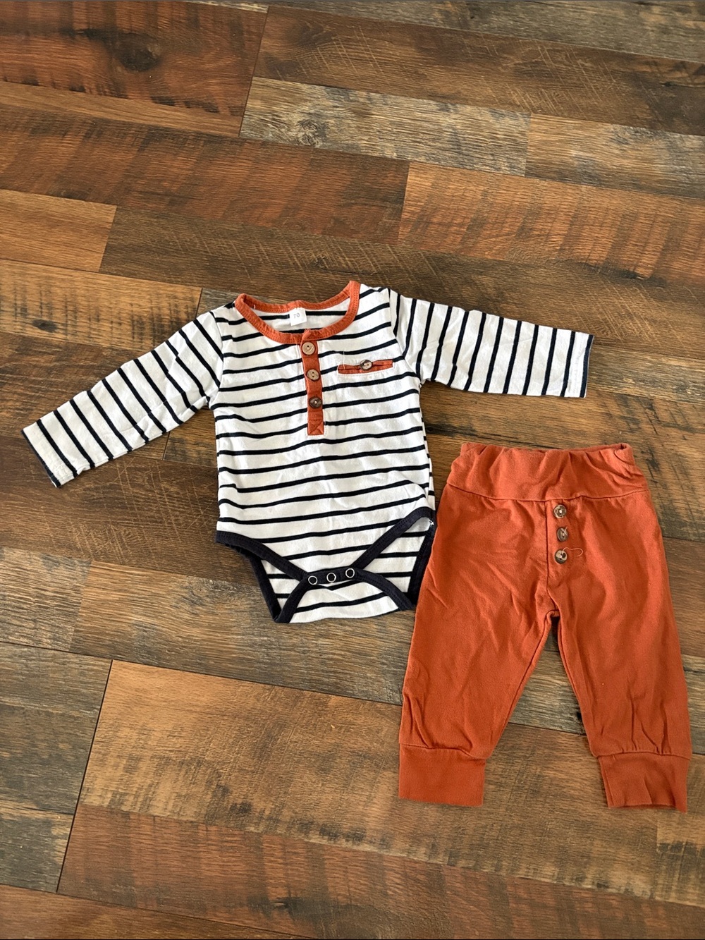 SHEIN Striped Navy & Rust Trim Baby Henley Set